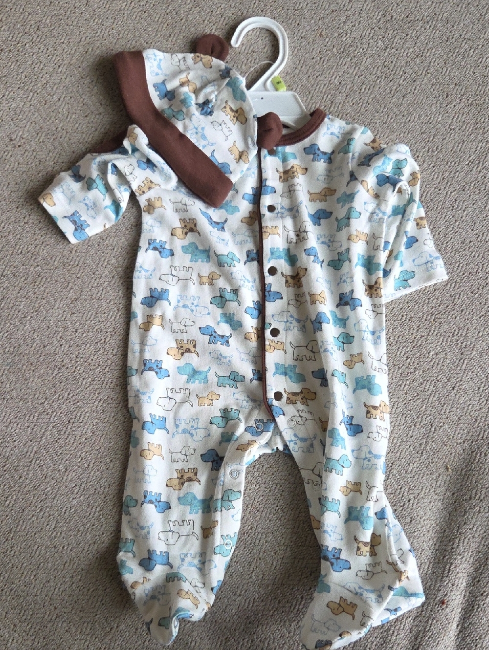 Little Me Cream Footed One-Piece with Blue & Brown Animal Print